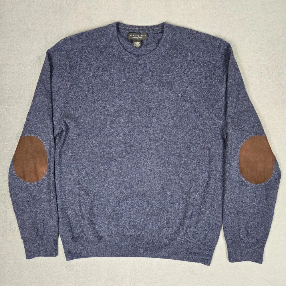 Bloomingdales Sweater Mens Large 100% Cashmere Crew Navy Leather Elbow Patches‎